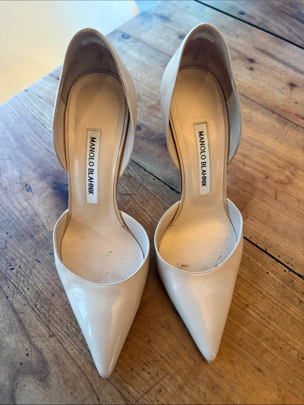 Manolo Blahnik Nude Patent Leather Pointed-Toe D'Orsay Pumps